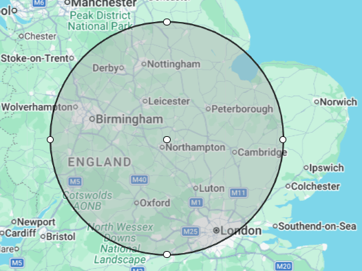 70 mile radius map